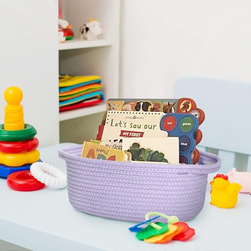 Image of Small Woven Gift Basket, Baskets for Gifts Empty, Cotton Rope Cat Dog Toy Bin Box, Nursery Baby Basket, Wicker Basket with Handles, Shelf Storage Basket for Home Decor, Purple, 12 inchx 8 inchx 5 inch