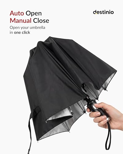 Image of Destinio Umbrella for Man - Large Size, Fully Automatic, Windproof Fibreglass Ribs, UPF 50+ Sun Protection, Premium 210T Pongee, Foldable Travel Umbrella for Rain for Men and Women - 3 fold Compact Easy to Carry (Auto open auto close)