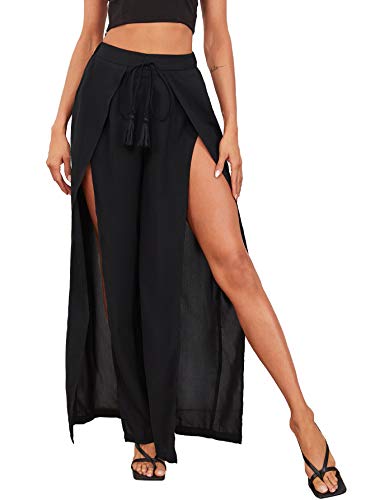 WDIRARA Women s Split Elastic Waist Wide Leg Tie Front Wrap Long Pants Black S