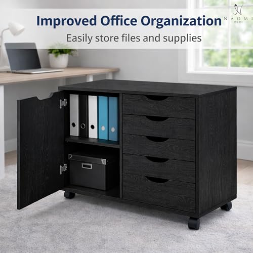 Image of Naomi Home Under Desk Rolling Office File Cabinet with 5 Drawers & Side Storage Cabinet, Mobile Organizer with Shelves & Swivel Casters for Home Office - Distressed Black