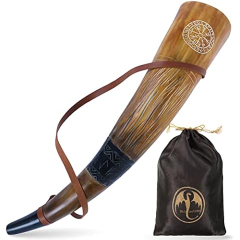 OldEmperor Viking War Blowing Horn| 18Inch Genuine Ox Battle Trumpet with Leather Strap-Hand Engraved| Mouthpiece for Easy and Clear Sound| Gift Bag (Blowing Horn) Cover