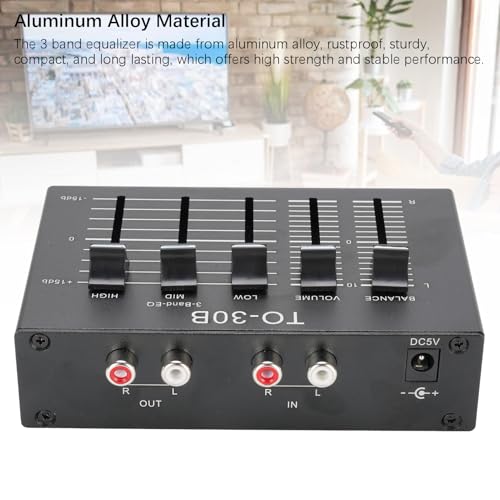 Ecualizador de sonido de 3 bandas, ajuste de graves alto de 12 dB, ecualizador digital de audio dual canal, entrada y salida EQ, control de volumen equilibrado con adaptador de 5 V para tocadiscos miniatura 2