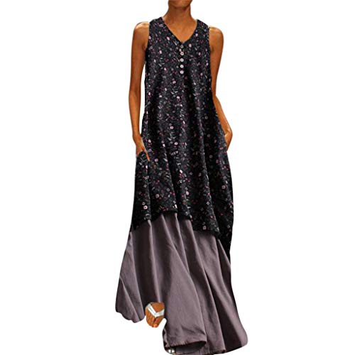 Sunnywill Women Dress, Plus Size Women Floral Printed V Neck Cotton Linen Sleeveless Maxi Dresses Womens Popular Classic Sweater Dress Cocktail Dress Black