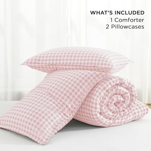 Image of Andency Pink Gingham Comforter Set Full(79x90Inch), Blush Checkered Grid Plaid Buffalo Bed Set for Girls Boys Kids Teens, 3 Pieces Lightweight Polyester Geometric Preppy Bedding