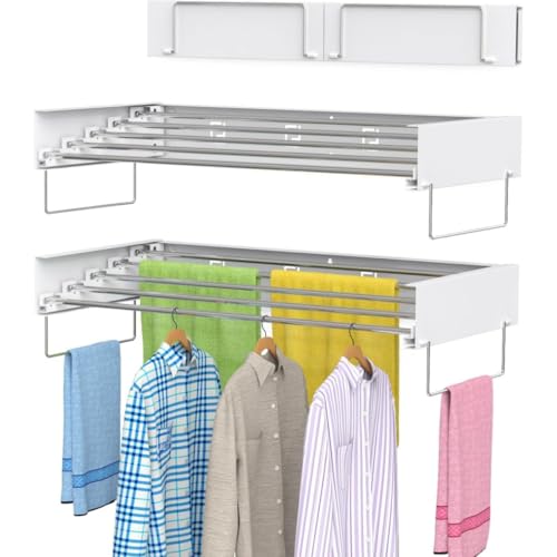 9SHOME 2Pack 80cm Wall Mounted Clothes Drying Rack Collapsible, for Laundry with Towel Handles, Foldable Indoor and Outdoor Clothes Hanger, Retractable Clothes Drying Rack, 5 Aluminum Rods