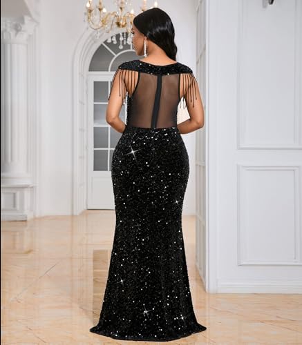 Image of Cololura Women Sexy Sequin Mesh Perspective Bodycon Party Cocktail Evening Gown Maxi Dress