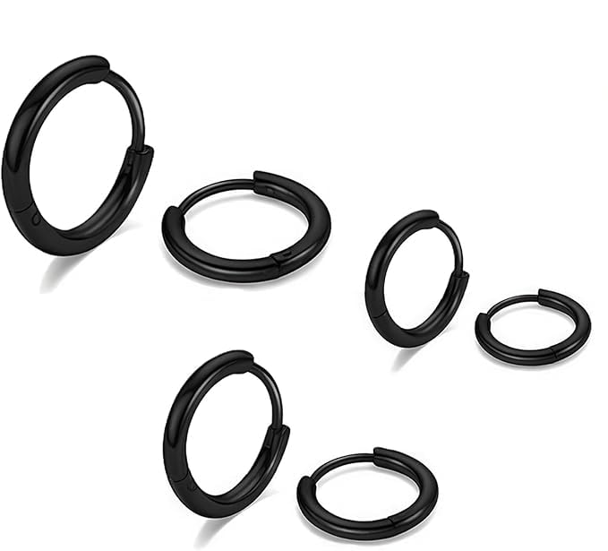 Nevoluxer 3 pares de Pendientes Aro Hombre Acero Inoxidable, 8/10/12 mm Pendientes Mujer Acero Inoxidable Pequeños, Pendientes Hombre Cartílago Negro, Pendientes Negros