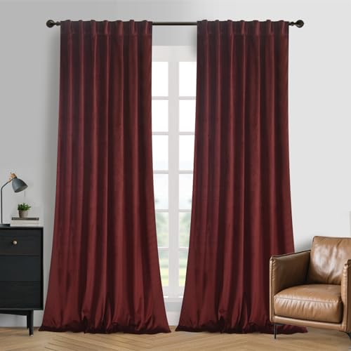 Roslynwood Luxury Soft Ruby Wine Velvet Curtains 108 inches Long Back Tab Thermal Insulated Blackout Window Drapes for Living Room/Bedroom/Dining Room, W52 x L108, 2 Panels
