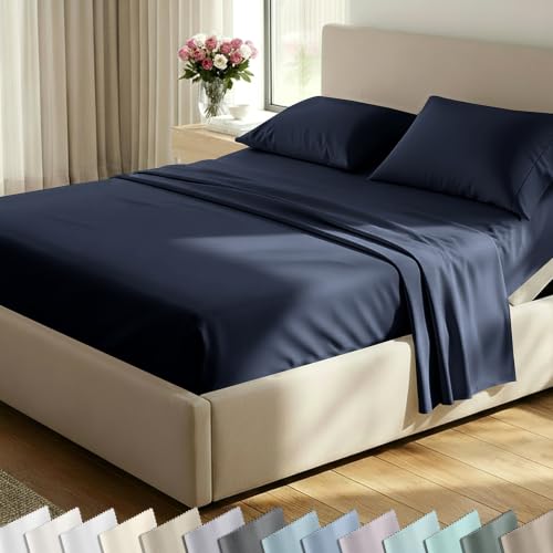 Image of California Design Den Split King Cotton Sheets Set - Luxury 600 Thread Count, 100% Cotton Sateen, Split King Sheet Sets, Deep Pockets, Soft and Durable Bedding - Midnight Blue