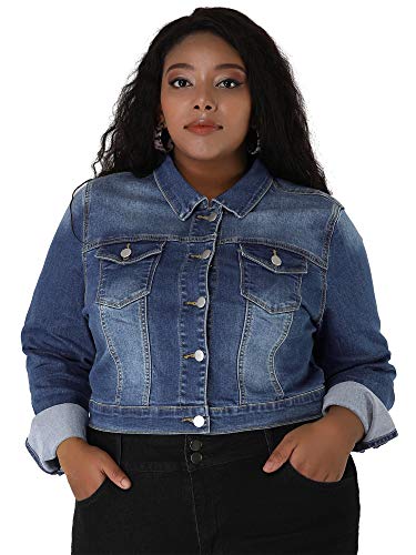 uxcell Women's Plus Size Button Closed Cropped Denim Jackets Stitching 20253