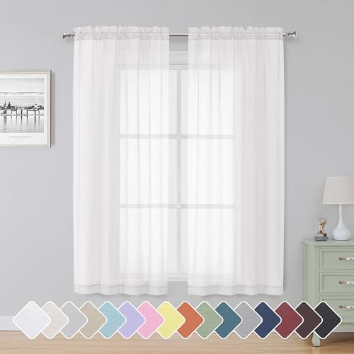 Image of Simplebrand Sheer White Curtains 63 Inch Length 2 Panels, Rod Pocket Solid Color Window Sheer Curtain Panels, Elegant Curtains & Drapes for Living Room, Bedroom 2 Panels (White, 42 inch W x 63 inch L)