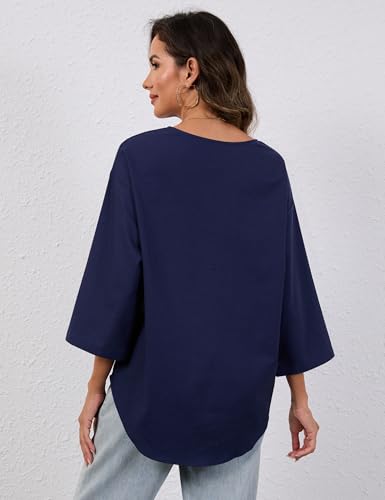 Summer Linen Shirts for Women Button Down V Neck 3/4 Sleeve T-Shirt Blouse Casual Loose Basic Solid Tunic Tops 20253