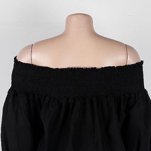 Image of WOKANSE Women's Casual Plus Size Shirred Dresses Off Shoulder Bell Sleeves Ruffle Loose Stretchy Neck Midi Dress