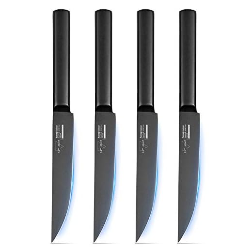 Steak Knives, Non Serrated Steak Knife Set of 4, Premium Kitchen Table Knife, 4.5 Inch Straight Edge Blade Forged Dinner Knives SKY LIGHT Black Series, Stain & Corrosion Resistant