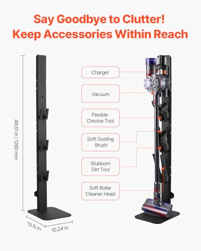 Image of VEVOR Vacuum Stand Compatible with Dyson G5 V15 V12 V11 V10 V8 V7 V6 Series Upright Vacuums Cleaners & Accessary, Stable Storage Stand Holder with 6 Hooks and Non-Slip Footpads, Black