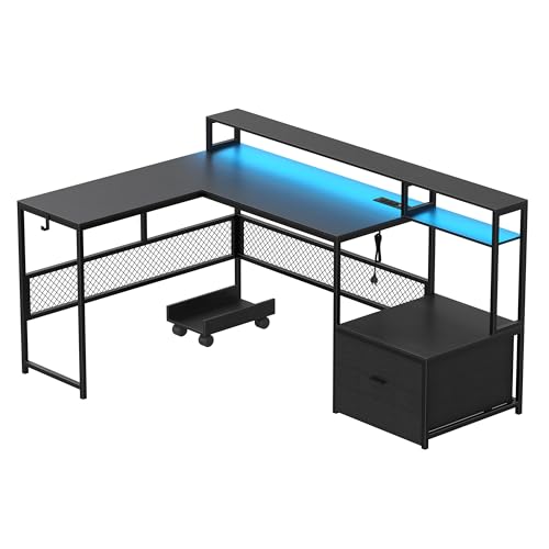 AYEASY L Shaped Desk with Drawers, 66\" Home Office Desk with Power Outlet and Led Strip, Computer Desk with Storage Shelves & Monitor Stand, Large Corner Desk Gaming Desk, Black