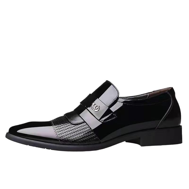 Formal Oxford Shoes for Men Slip On Round Cap Toe Patent Leather Rubber Sole Slip Resistant Block Heel Walking
