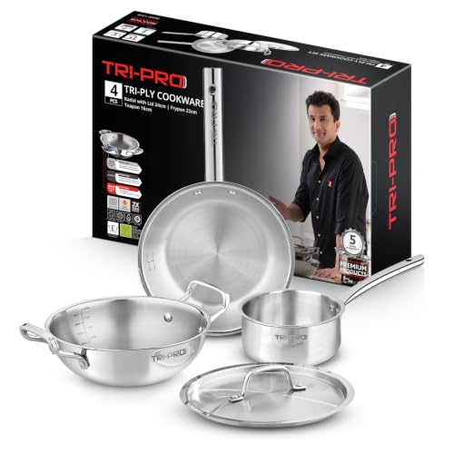Bergner Tripro Triply Stainless Steel 4 Pc Cookware Set, 24 cm Indian Wok/Kadai with Lid, 22 cm...