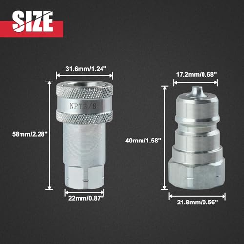 Image of 3 /8' NPT Thread Carbon Steel Hydraulic Quick Connect Couplers with Dust Caps, ISO 7241-A Compatible, Red, 3 Pack