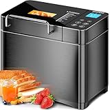 KEEPEEZ 2LB 710W Convection Bread Maker Dual Heaters, 17-in-1 Stainless Steel Automatic Bread Machine Ceramic Pan, Nut Dispenser, Smart Touch Panel, 3 Crust Colors, 15H Timer, Keep Warm, Low Noise