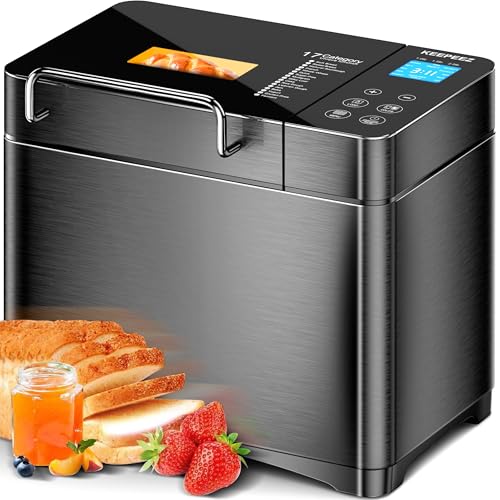 KEEPEEZ 2LB 710W Convection Bread Maker with Dual Heaters, 17-in-1 Automatic Bread Machine in Stainless Steel, Ceramic Pan, Nut Dispenser & Smart Touch Panel
