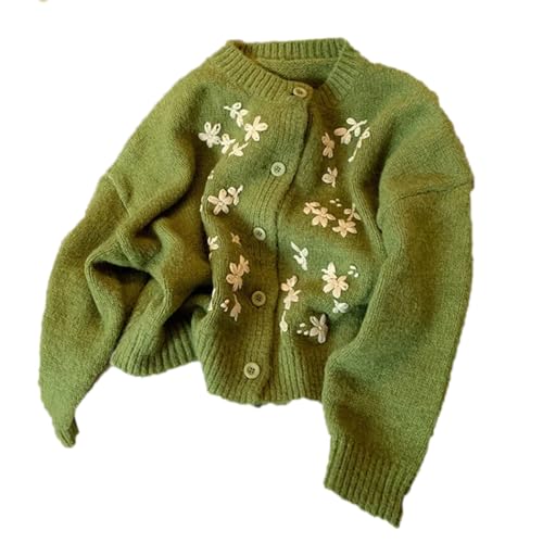 Vintage Cozy Cardigan Bohemian Flower Embroidery Autumn Winter Prairie Sweater Green Cashmere Top