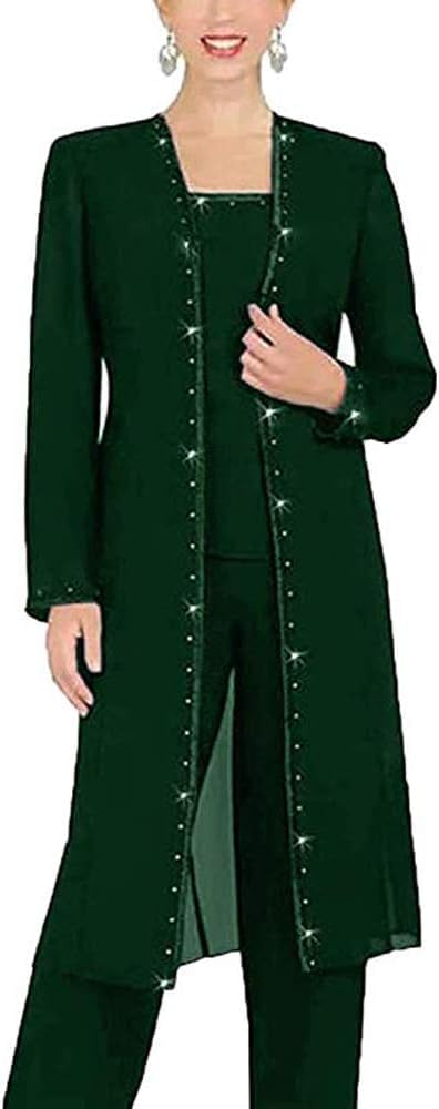 Leader of the Beauty 3 Piece Chiffon Beaded Pant Suits Mother of The Bride Pant Suits with Long Jacket for Women Formal 18 Emerald