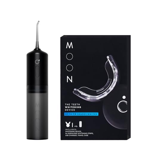 MOON LED Whitening Kit & Cordless Water Flosser – Blue Light Device with Strips and Portable Oral Irrigator for Stain Removal, Gum Health, and Bright Smile – Travel Essentials Set