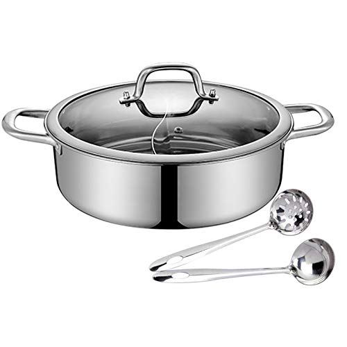 OUKANING 304 Lebensmittelqualität Edelstahl Shabu Shabu Hot Pot mit Trennwand & Deckel für Induktionskochfeld, Gasherd, doppelseitiges Suppen-Kochgeschirr mit Suppenlöffel + Sieb (32cm) Cover