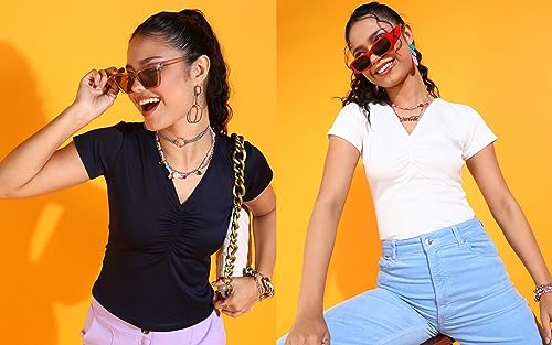 Image of POPWINGS Casual Solid V-Neck Short Sleeves Summer Wear Tops Combo for Women