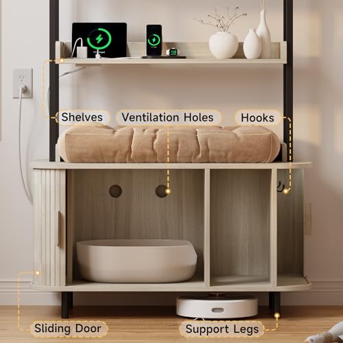 Image of ONBRILL 54 Inch Hidden Litter Box Furniture with Shelves and Outlets, White