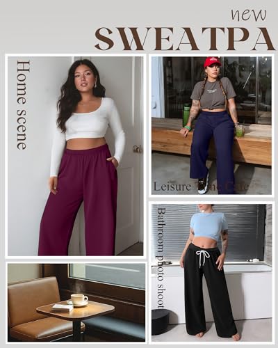 3 Pack Women's Plus Size Sweatpants with Pockets, Comfy Wide Leg Lounge Pants, Baggy Workout Pajama Trouser2