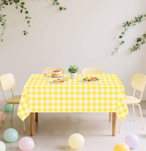 Image of SietDESEO 2 Pack Yellow Gingham Tablecloth Rectangle 54 x 108 Yellow and White Checkered Table Cloth Disposable Plaid Table Cover Plastic for Birthday Baby Shower Picnic Wedding Party Supplies