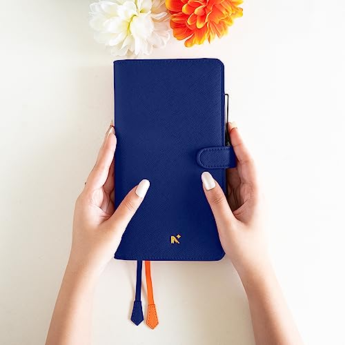 Image of NEORAH- PETITE Notebook SLEEVE with SNAP Button -[SLEEVE ONLY]|Vegan Leather|Office Diary Holder with Penloop|2 Front & 1 Back Pocket|4 Card Slots|2 BookMarks -Fits any PETITE Softcover - DARK BLUE