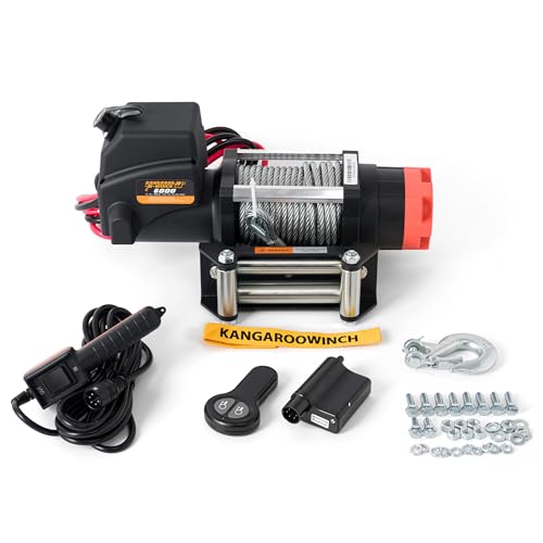 KANGAROO WINCH Elektrische Seilwinde 12V - 6000 LBS / 2722 kg Zugkraft - Ideal für ATV, Quad und Offroad Einsätze - Robuste Konstruktion - Inklusive Stahlseil und Funkfernbedienung (K6000)