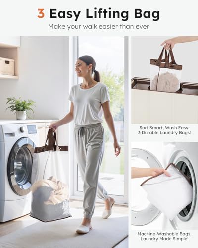 SOLEDI Laundry Basket 3 Compartment with lid and 3 Pcs Laundry Bag Large Hamper 180L, Laundry Basket Laundry sorter Clothes hamper for Laundryroom Bedroom Blanket Storage Organizer, lvory