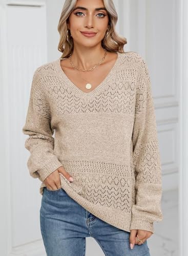 Image of JOCAFIYE Womens Sweaters Casual Long Sleeve V Neck Lightweight Hollow Out Pullover Sweater Tops