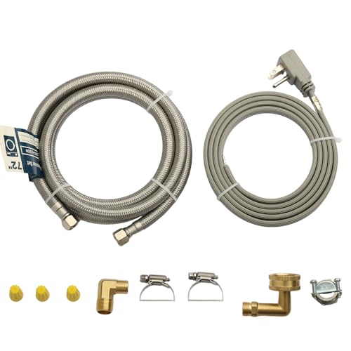 PLUMBERMASTER Dishwasher Installation Kit 6ft Water Supply Line with with 3/8 x 3/8 Compression 3-Prong Straight Power Cord Elbow Connectors&Adapters Braided Stainless Steel Dishwasher hose Kit
