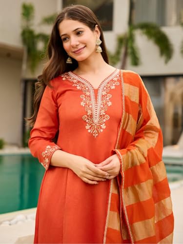 Image of Naixa Women's Vichitra Silk Embroidered Straight Kurta with Pant And Dupatta Sets (NX-823)