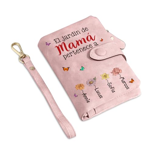 Amsgedhie Regalos para Día de la Madre, Regalos Mamá y Abuela Cartera Personalizada para Mujer de Piel PU con Grabado del Nombre y Flor del Mes de Nacimiento Cartera Rosa Plegable (B)