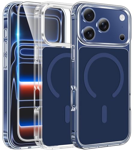 Image of FNTCASE for iPhone 17 Pro-Max Case: Clear Magnetic Phone Cases with Screen Protector Compatible with Magsafe Slim Anti Yellowing Rugged Shockproof Protective Transparent Cell Cover (B-A Blue)