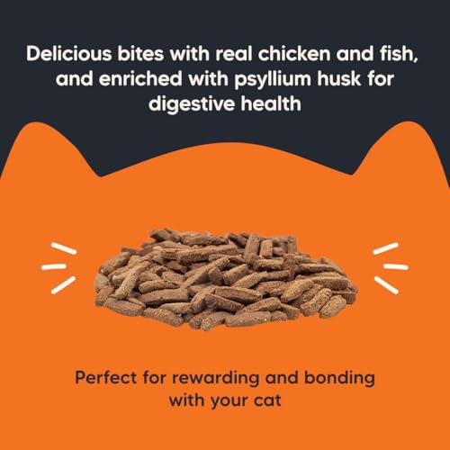 Image of Meowsi by HUFT Power Bites Cat Treats - Chicken, Fish & Psyllium Husk - 50 gm | Healthy Treats for Cats & Kittens | Supports Digestion | for Persian Cats & All Breeds | Crunchy Bites