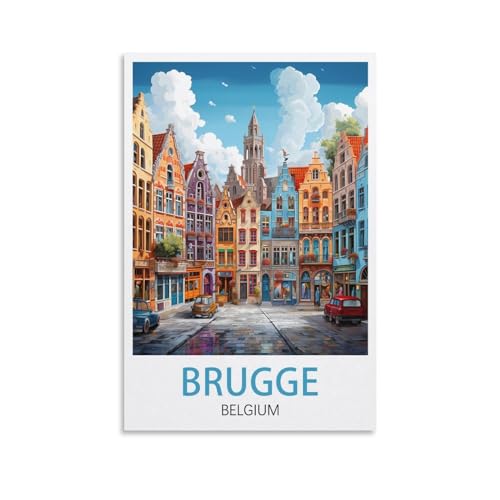 Poster vintage Brugge Belgique sur toile 50x75 cm pour décoration de chambre