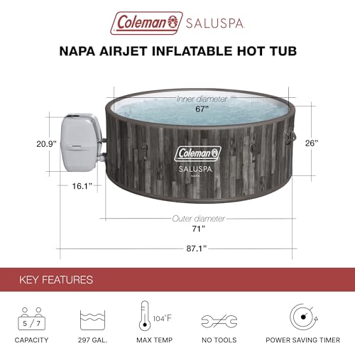 Coleman SaluSpa Napa AirJet 2 to 7 Person Inflatable Hot Tub Round Portable Outdoor Spa with 180 Soothing Jets with Cover, Gray