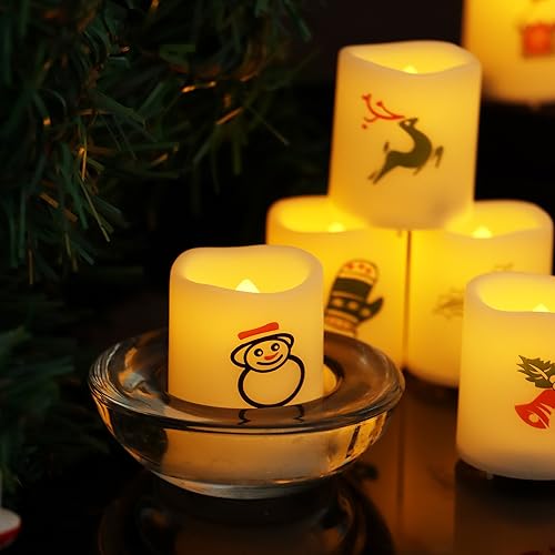 Image of Battery Operated Flameless LED Votive Candles with Christmas Decals 12 PCS