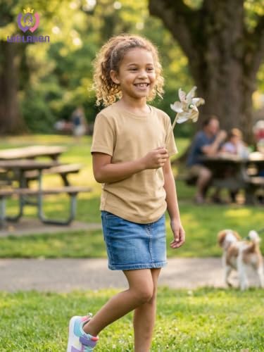 Image of WELAKEN Girls Soft T-Shirt with Curved Hem, Breathable Stretchy Rayon Crewneck Short Sleeve Tees, Kids Everyday Basic Top