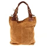  LECONI Henkeltasche Echt-Leder Wildleder Damentasche Handtasche für Damen Shopper für Freizeit, Büro oder Shopping Beuteltasche Frauen Ledertasche Veloursleder 34x35x10cm cognac LE0033-V
