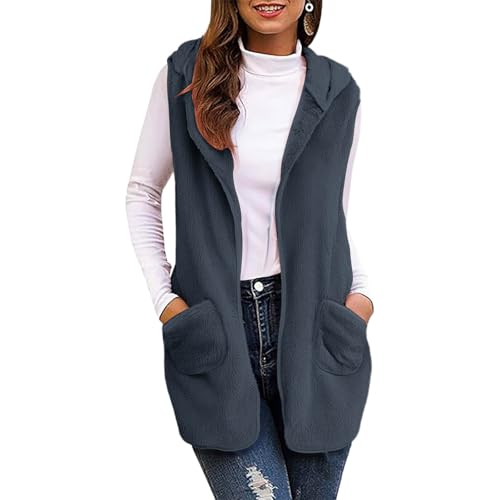 Women Fleece Long Vest with Pockets Winter Sleeveless Fuzzy Jacket Warm Hooded Sherpa Cardigan Plush Outwear Jackets