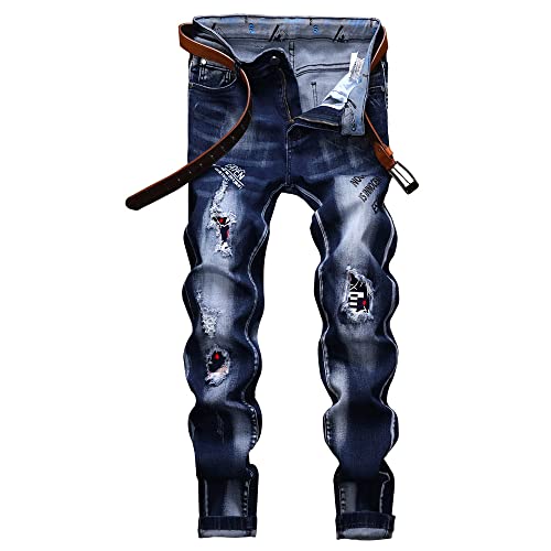 N//C Jeans Men Ripped Denim Pants Straight Slim Fit Regular Distressed Comfort Flex