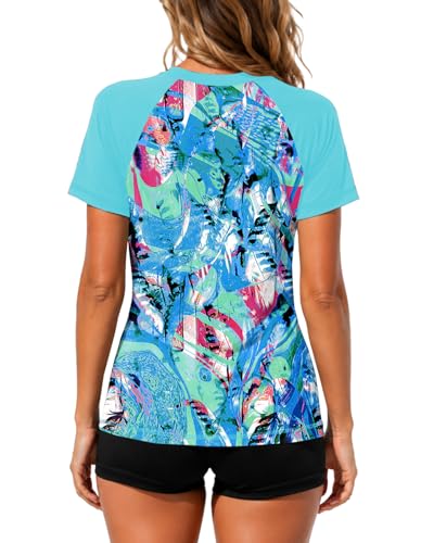 Image of AOBUTE Women Short Sleeve Rash Guard UPF 50+ Tropical Sun Protection Floral Swim Shirts